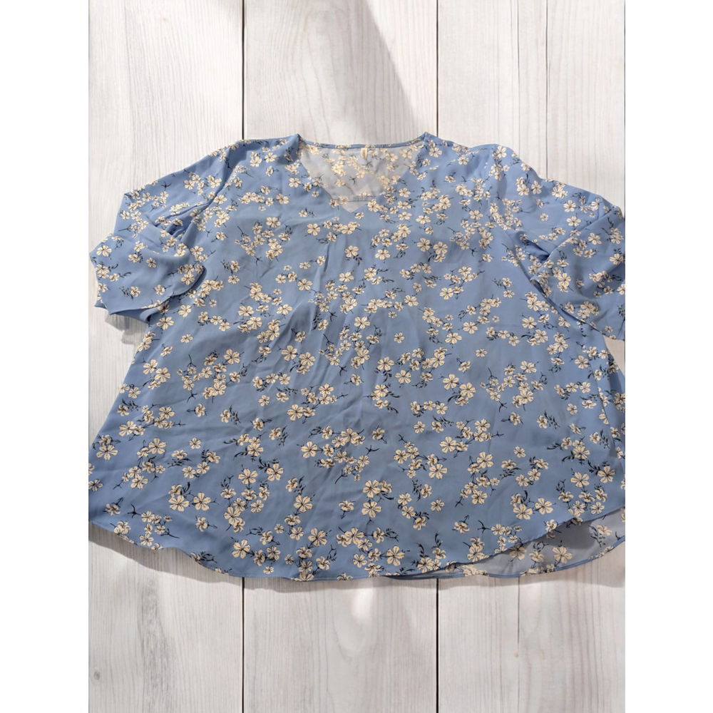 Plus Size 3XL XXX‎ Top Blue Floral Split Sleeve Stretch V-Neck Blouse